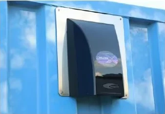 Installed DRY-CON X intake vent on a blue container wall