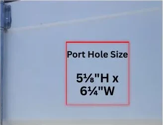 Exhaust port hole marked on a container door at 5 1/8 inches high by 6 1/4 inches wide