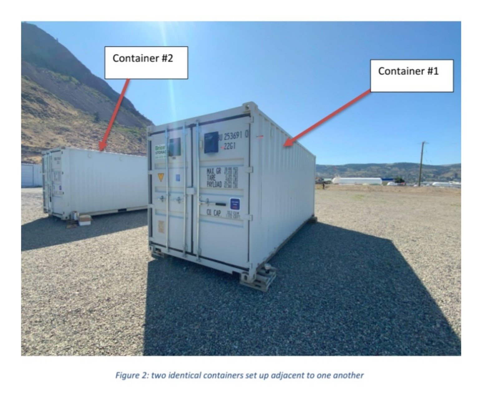 Two shipping containers used for Innovex ventilation performance testing in Kamloops, British Columbia